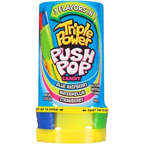Closeup of three sliders in a Push Pop showing strawberry, blue raspberry and watermelon flavors