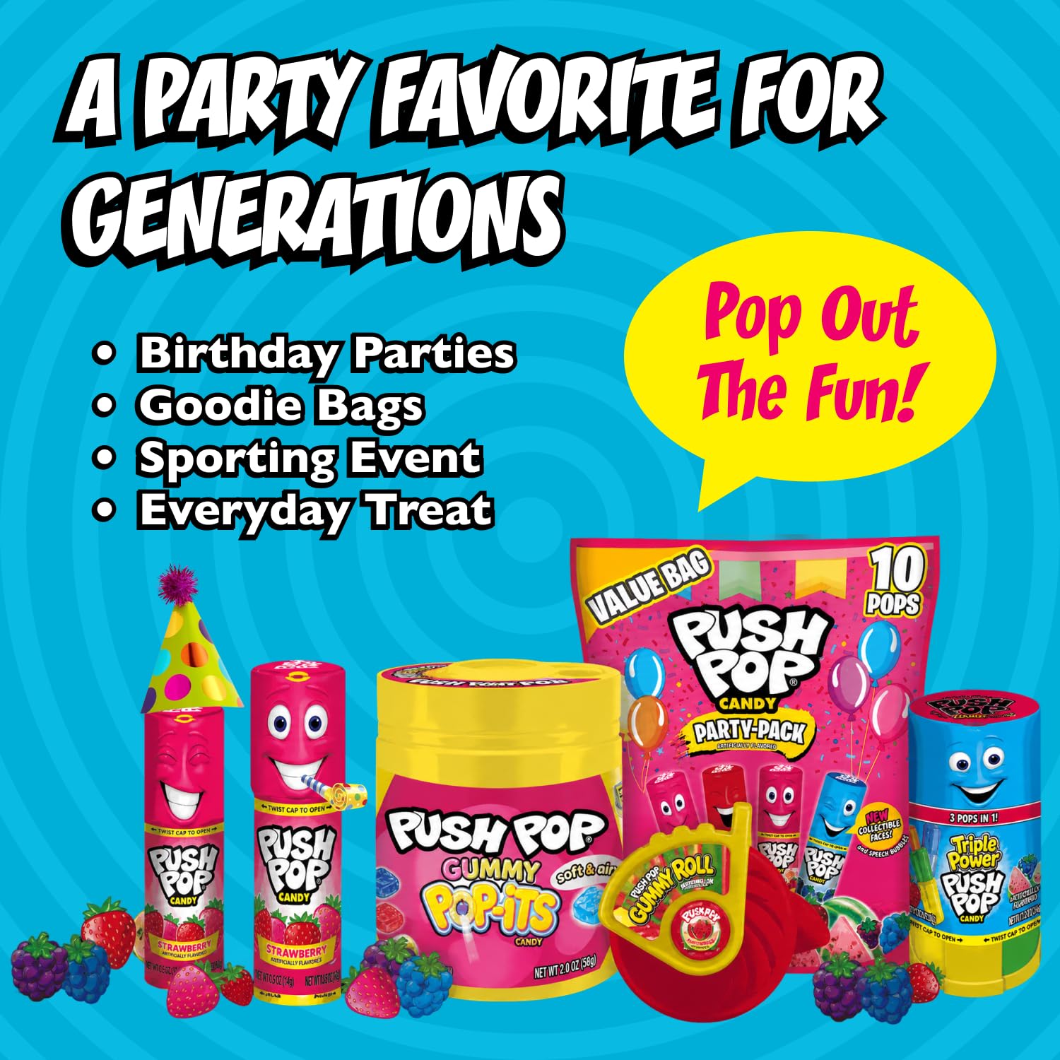 Individually wrapped Push Pop lollipop detail, emphasizes hygiene and freshness