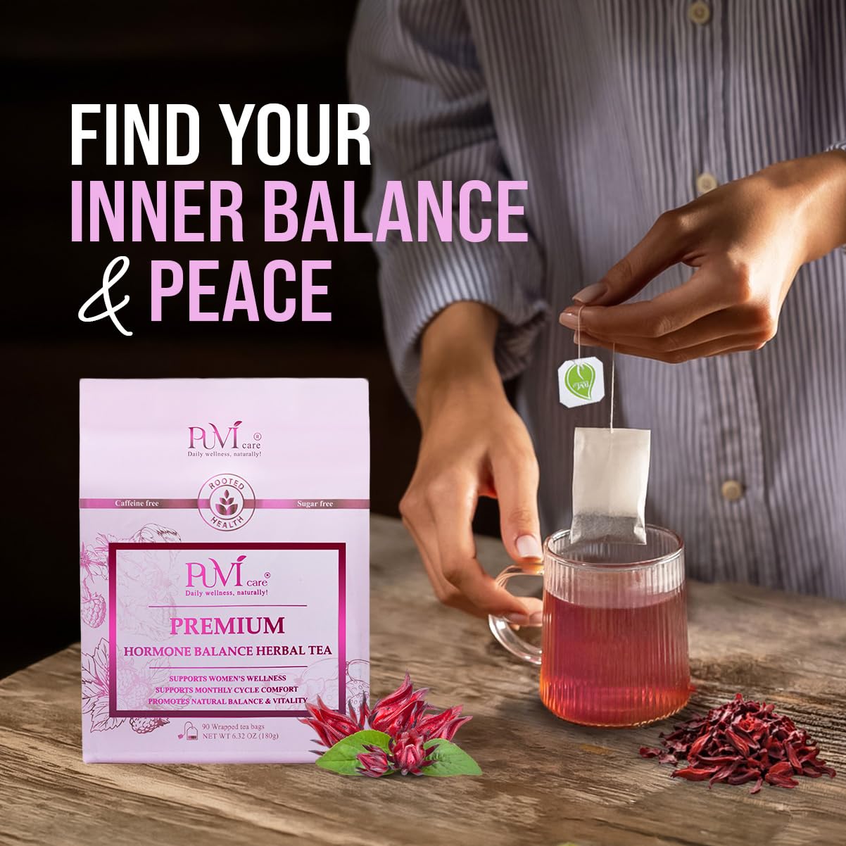 PUVI Care arranged ingredients showing raspberry leaf and hibiscus benefits
