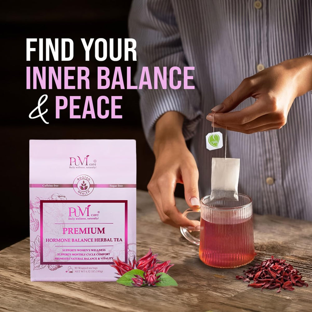 PUVI Care arranged ingredients showing raspberry leaf and hibiscus benefits