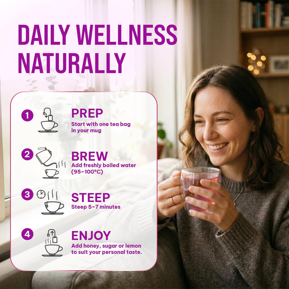 PUVI Care lifestyle scene of a woman relaxing with tea for balance