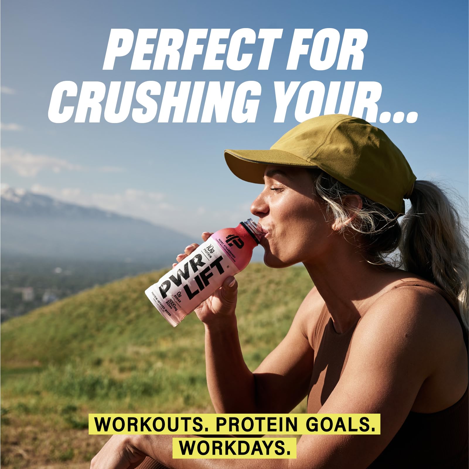 PWR LIFT bottle in hand showing portable 16.9 fl oz size and convenience