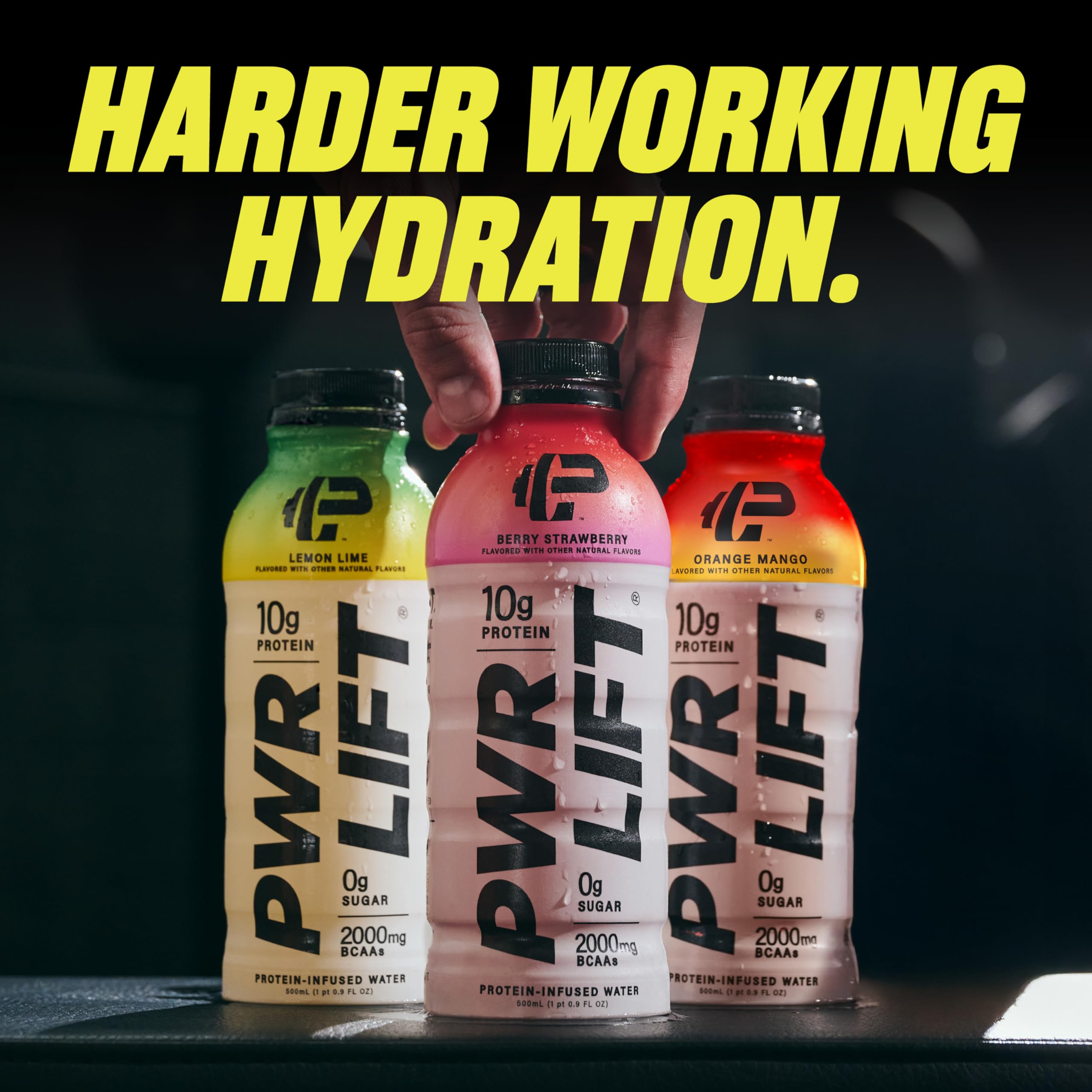 PWR LIFT 16.9oz bottle next to a water bottle for size and portion clarity