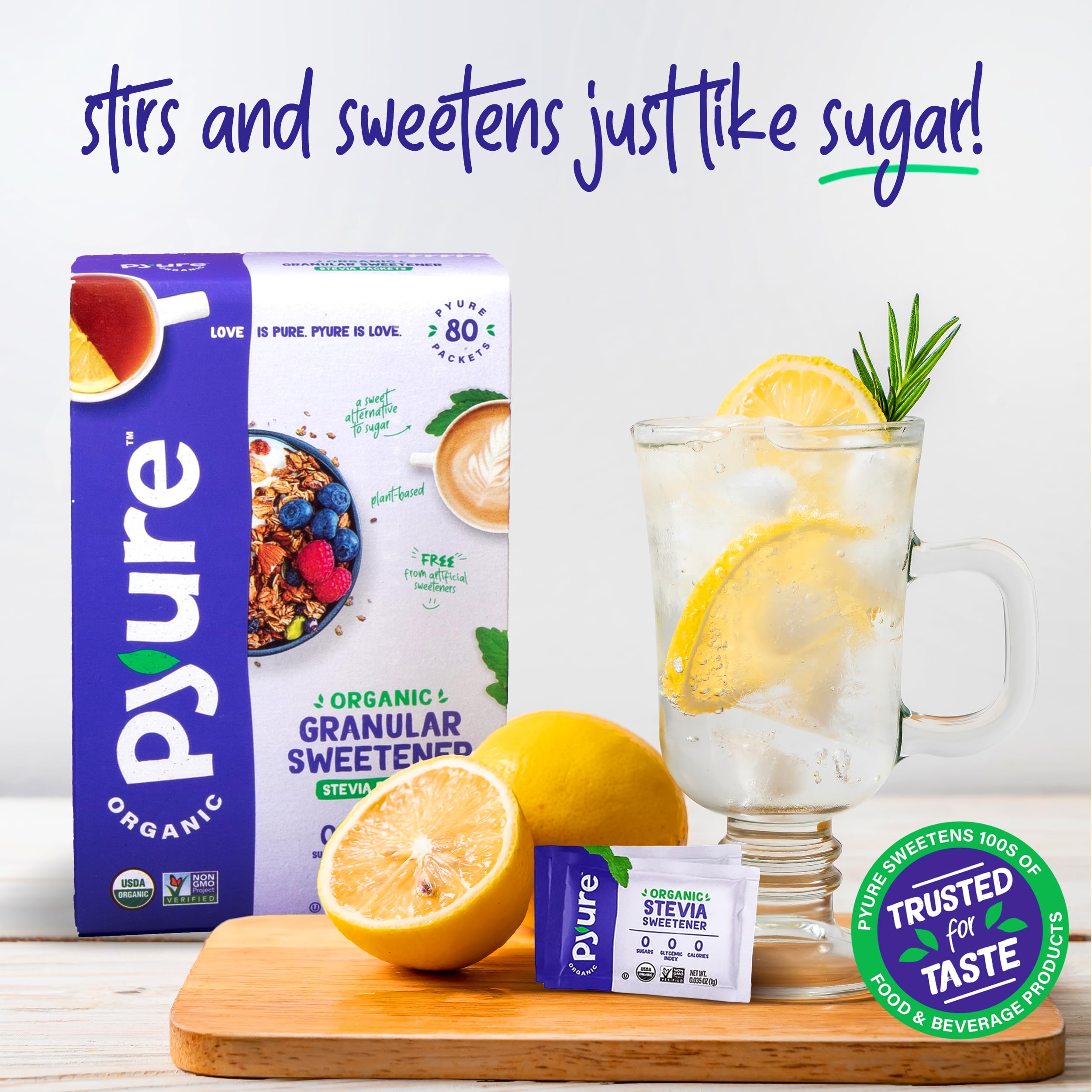 Pyure packets staged with baking ingredients showing sugar substitute use