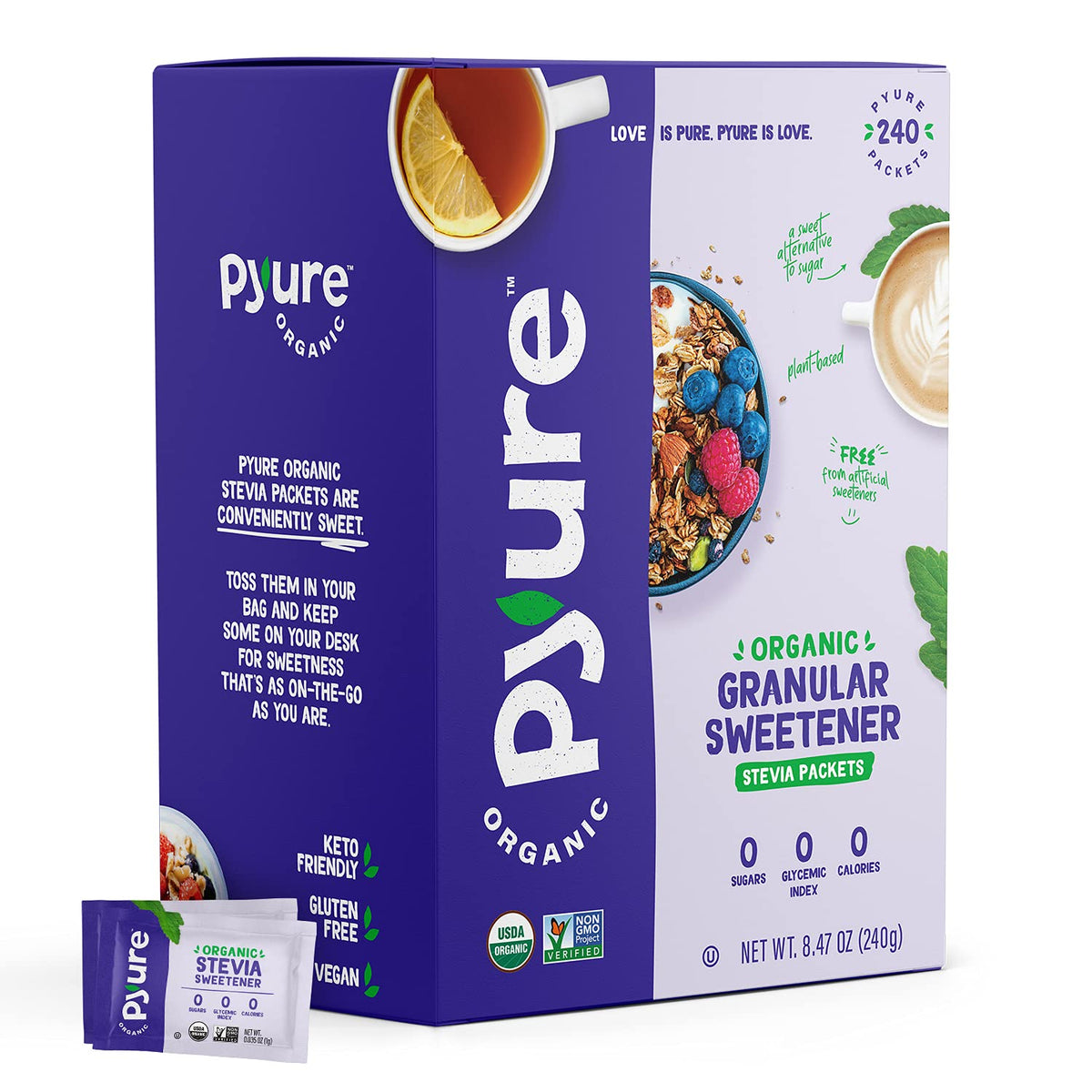 Pyure front packaging showing 240 count and organic benefits