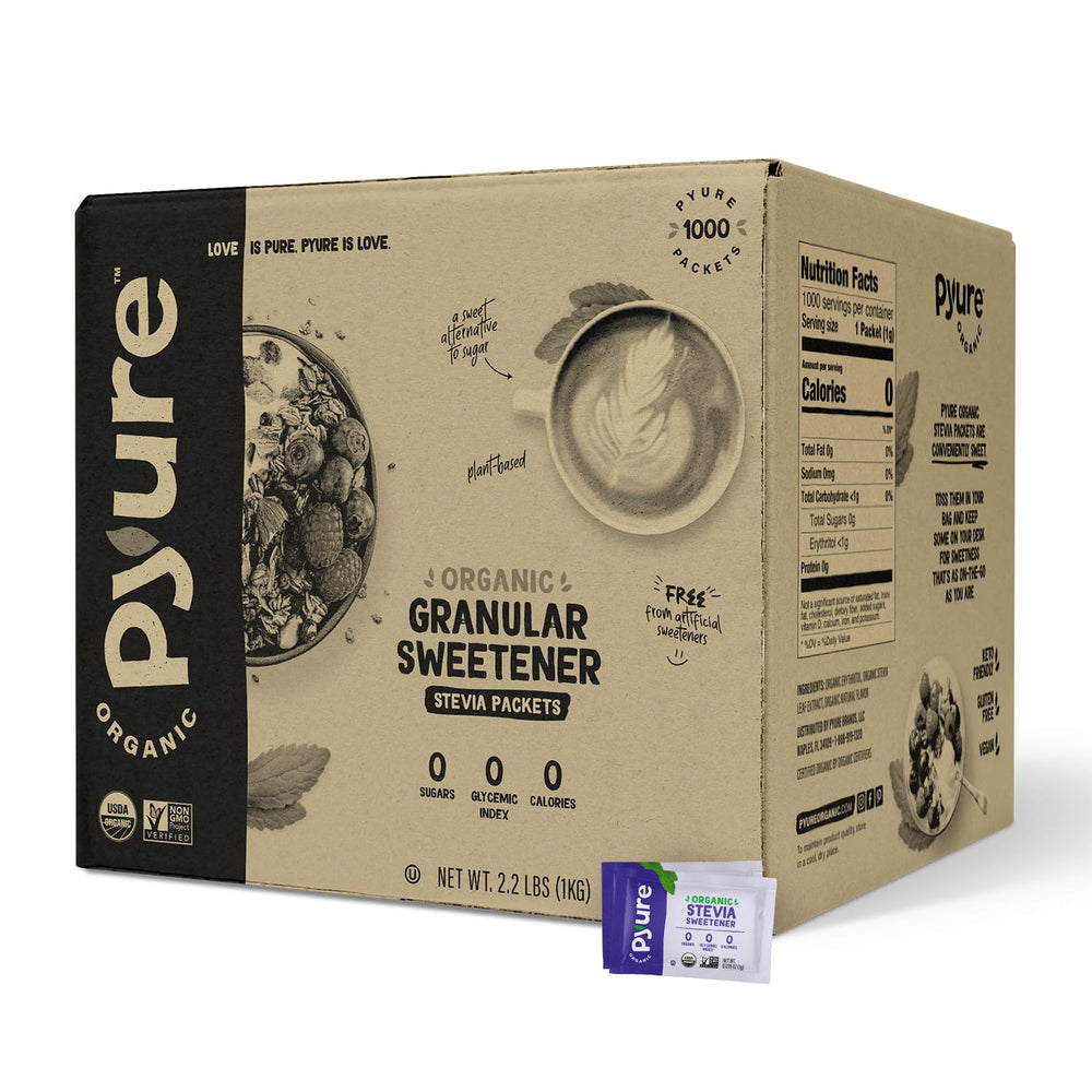 Pyure front packaging showing packets and organic branding for easy sugar replacement