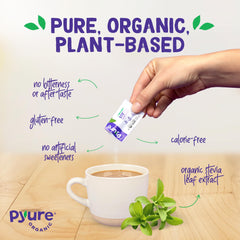 Pyure packets next to a teaspoon to show portion size and simple packet-to-spoon transfer