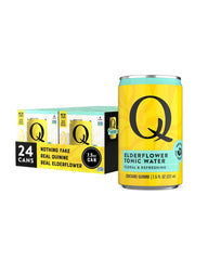 Q MIXERS front-facing can showing elderflower tonic branding and elegant design