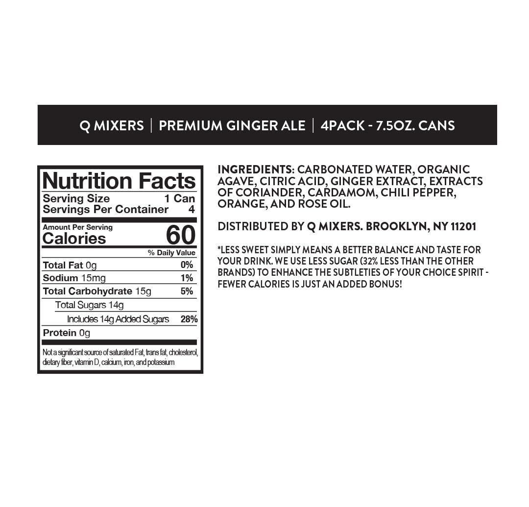 Q MIXERS close-up of ingredients label highlighting real ginger benefit