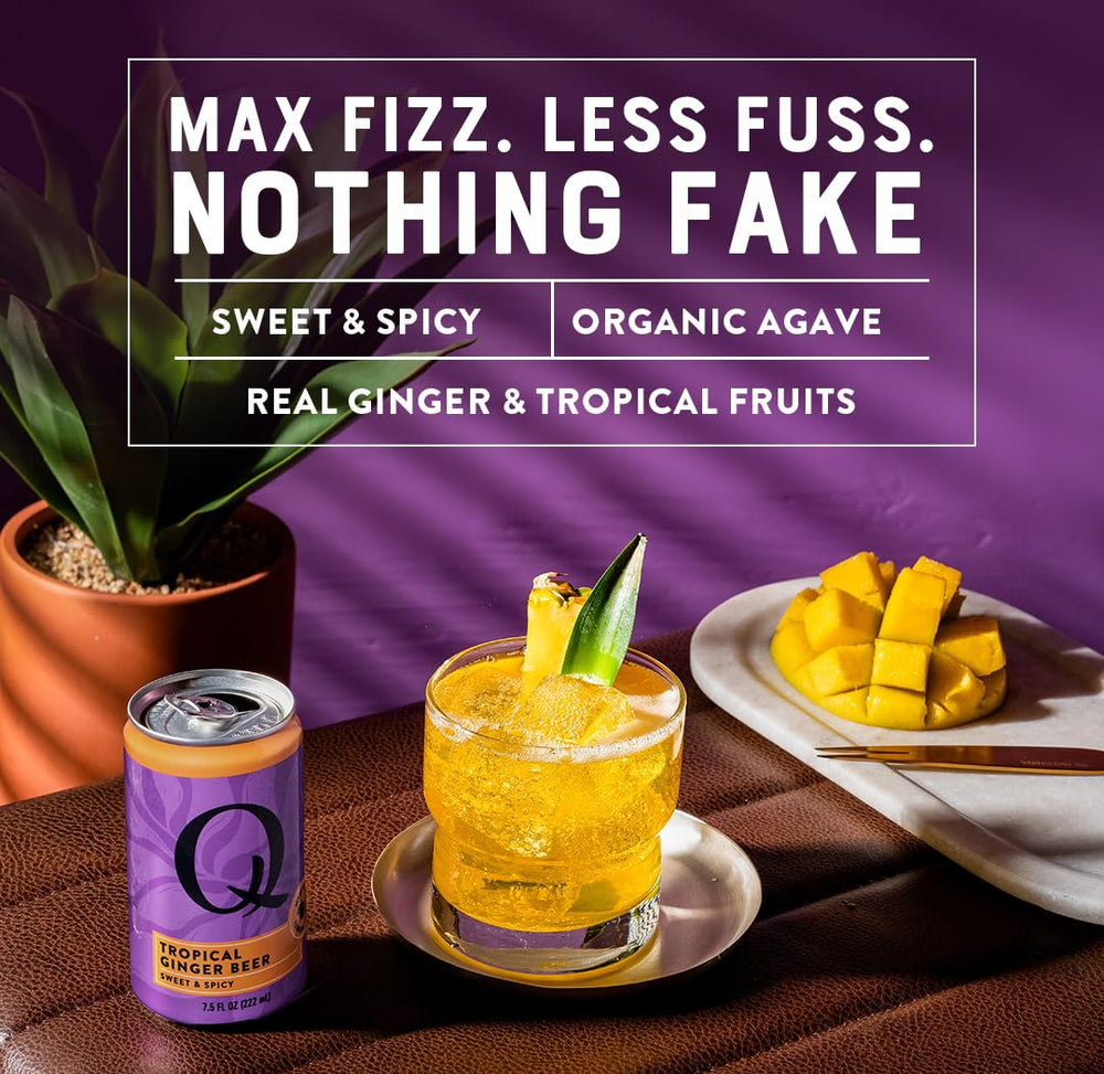 Q MIXERS can next to a glass to show 7.5 oz single-serve scale