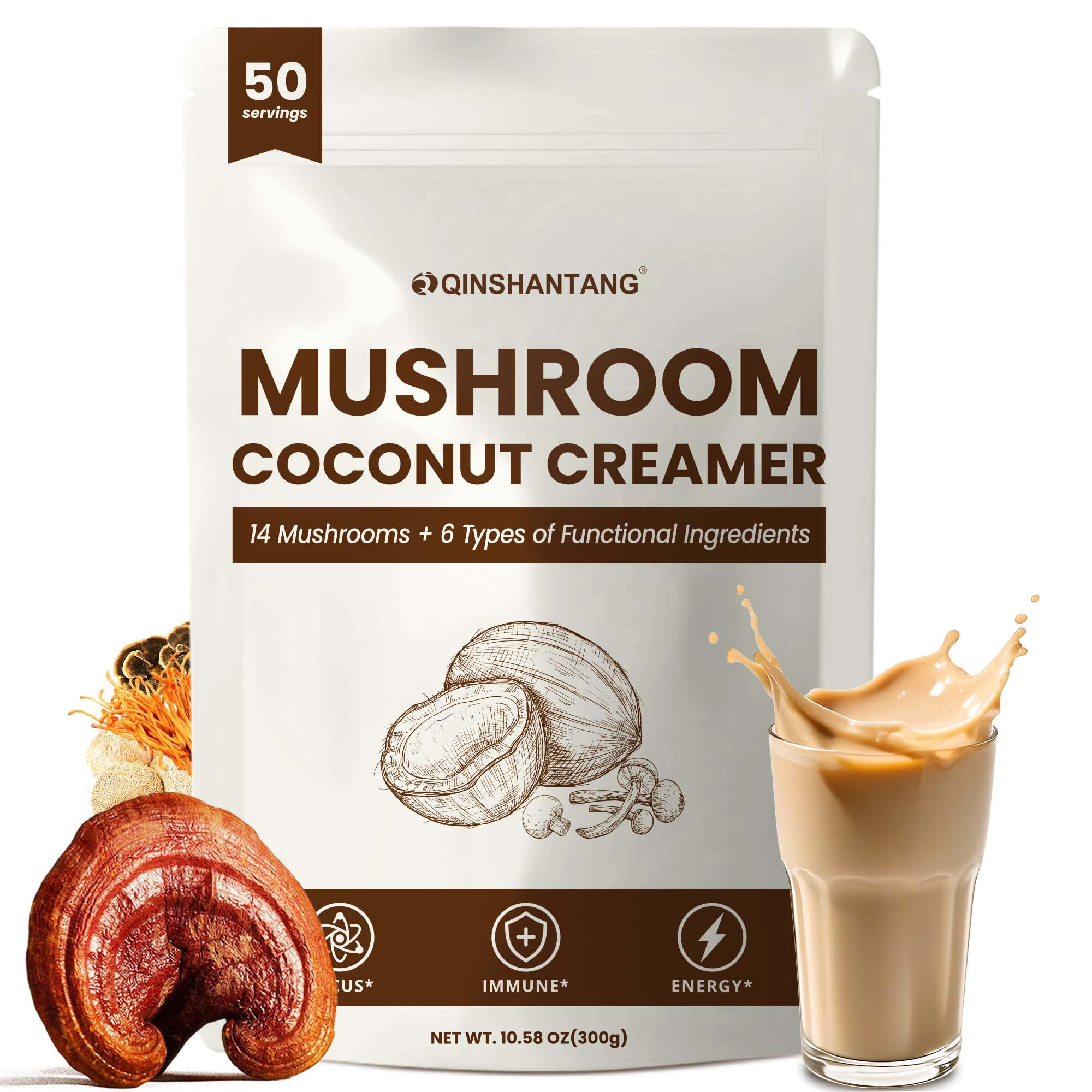 QIN SHAN TANG front packaging showing mushroom creamer, highlights convenience
