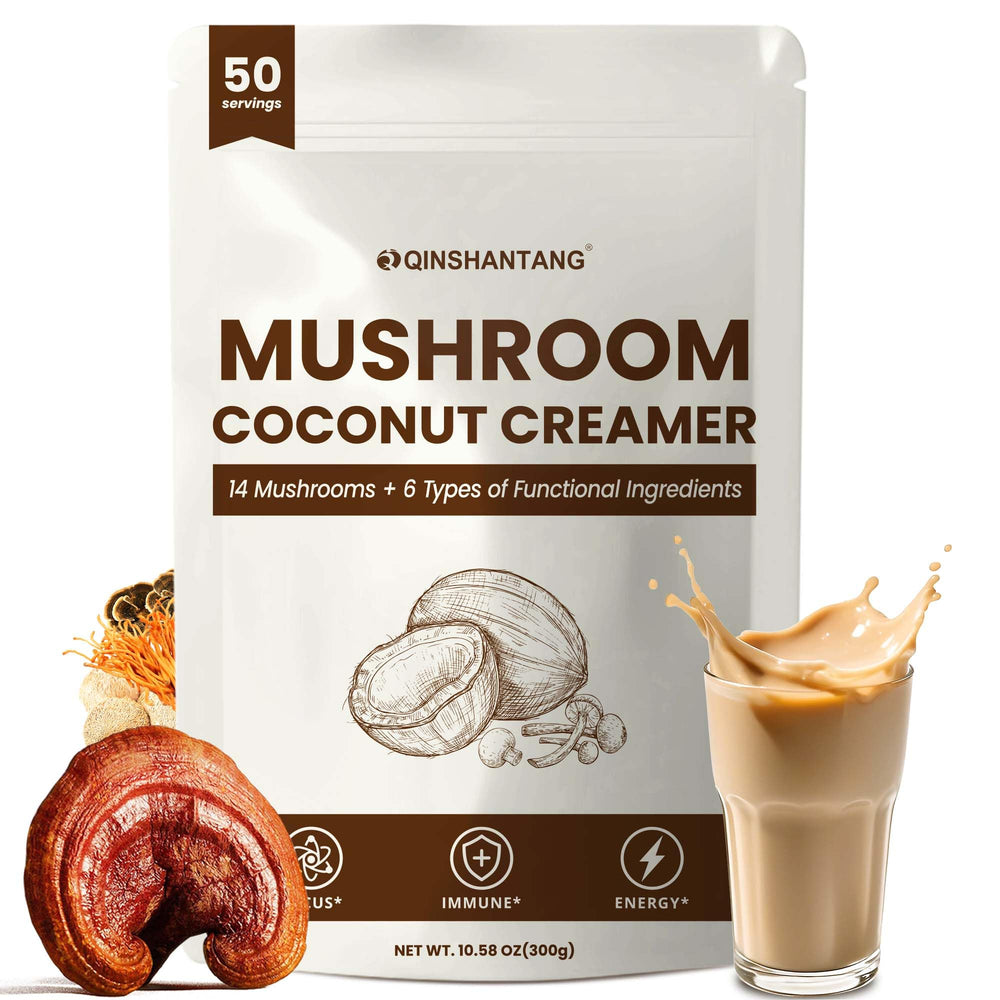 QIN SHAN TANG front packaging showing mushroom creamer, highlights convenience