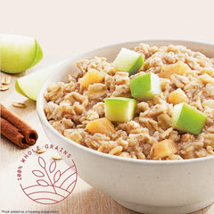 Quaker prepared bowl of apple cinnamon oatmeal offering warm, filling breakfast