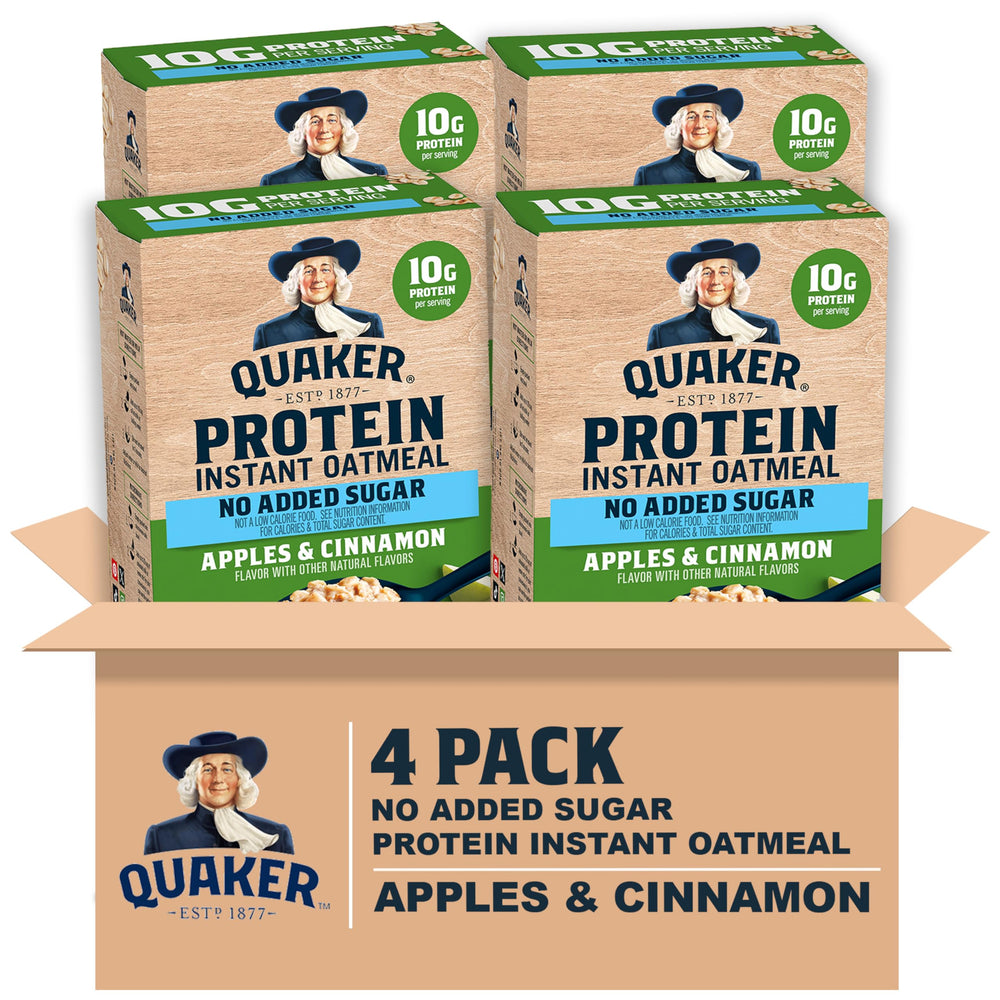 Quaker front packaging showing apple cinnamon flavor and 12g protein benefit
