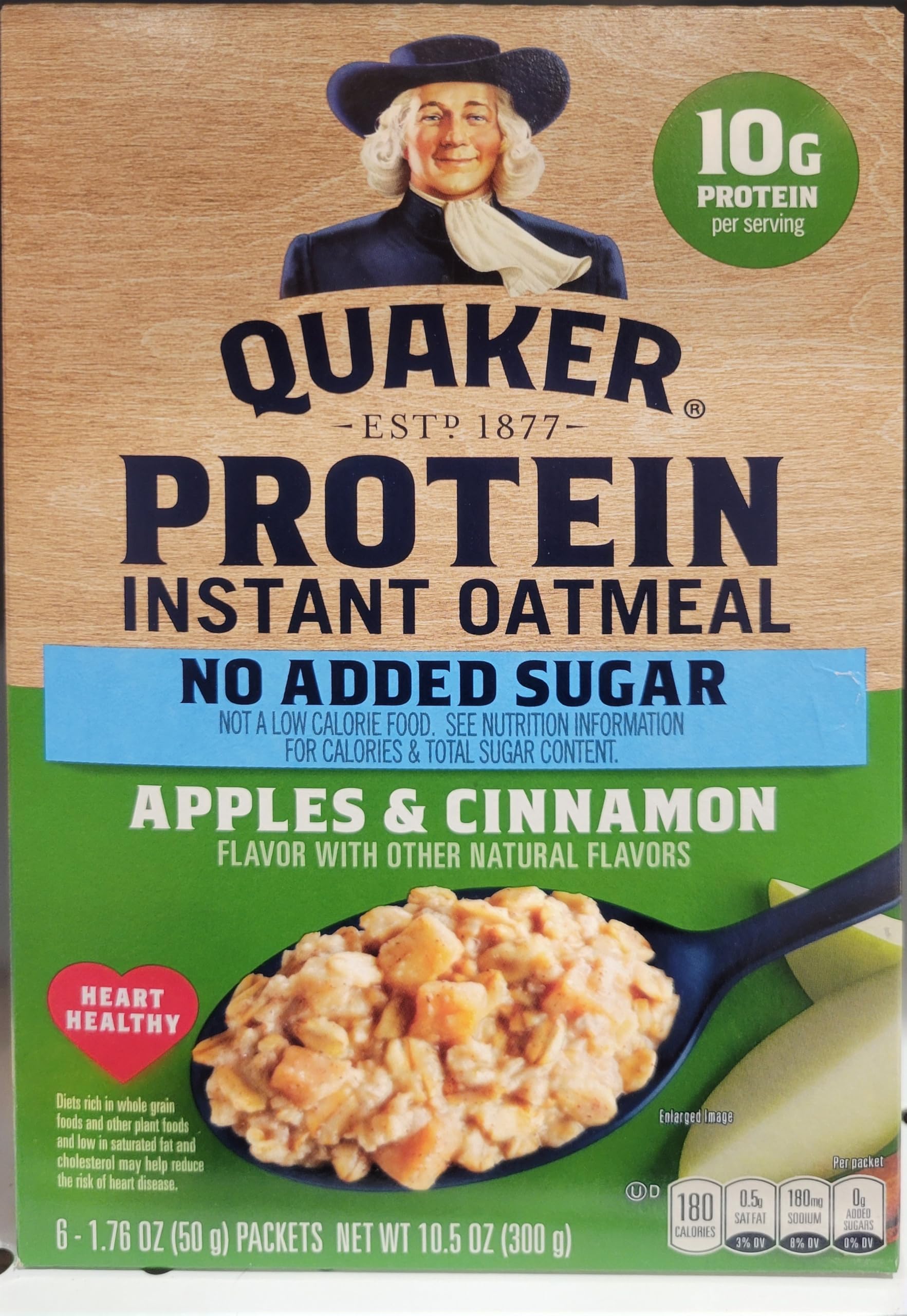 Quaker front packaging showing apples and cinnamon, highlighting no added sugar benefit