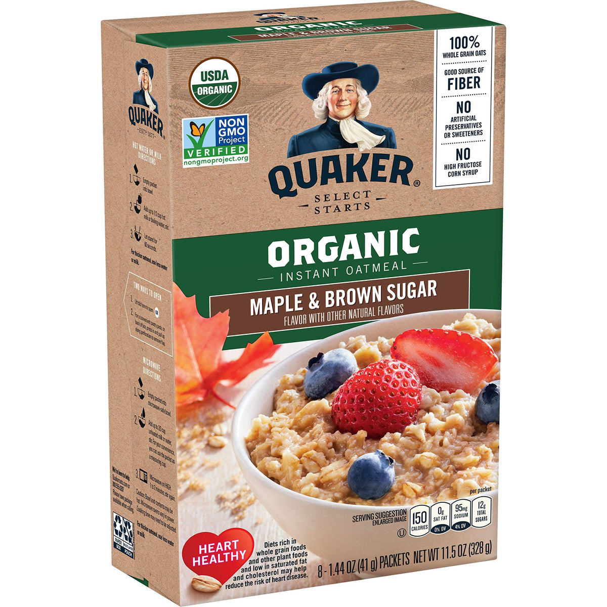 Quaker front box showing maple and brown sugar flavor and serving info