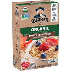 Quaker front box showing maple and brown sugar flavor and serving info