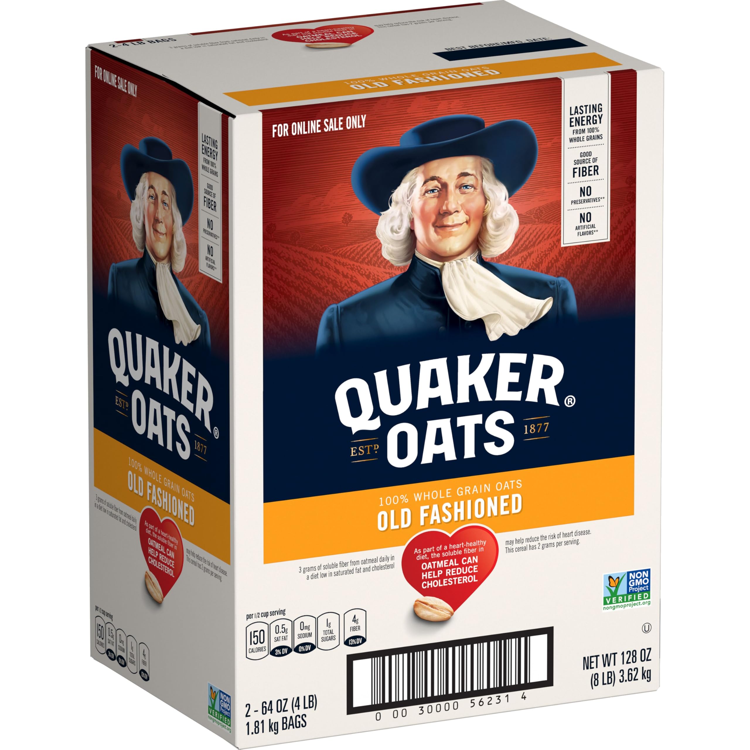 Quaker front packaging showing two 64oz bags and clear product labeling benefit value