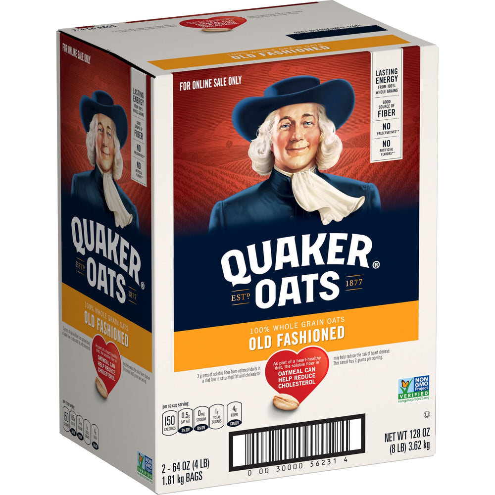 Quaker front packaging showing two 64oz bags and clear product labeling benefit value