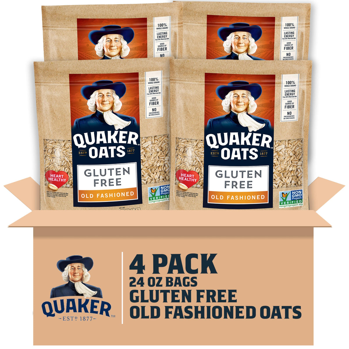 Quaker front packaging showing gluten free oats and resealable bag benefit