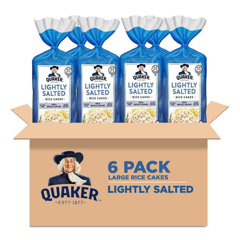 Quaker front packaging showing lightly salted rice cakes and pack benefits