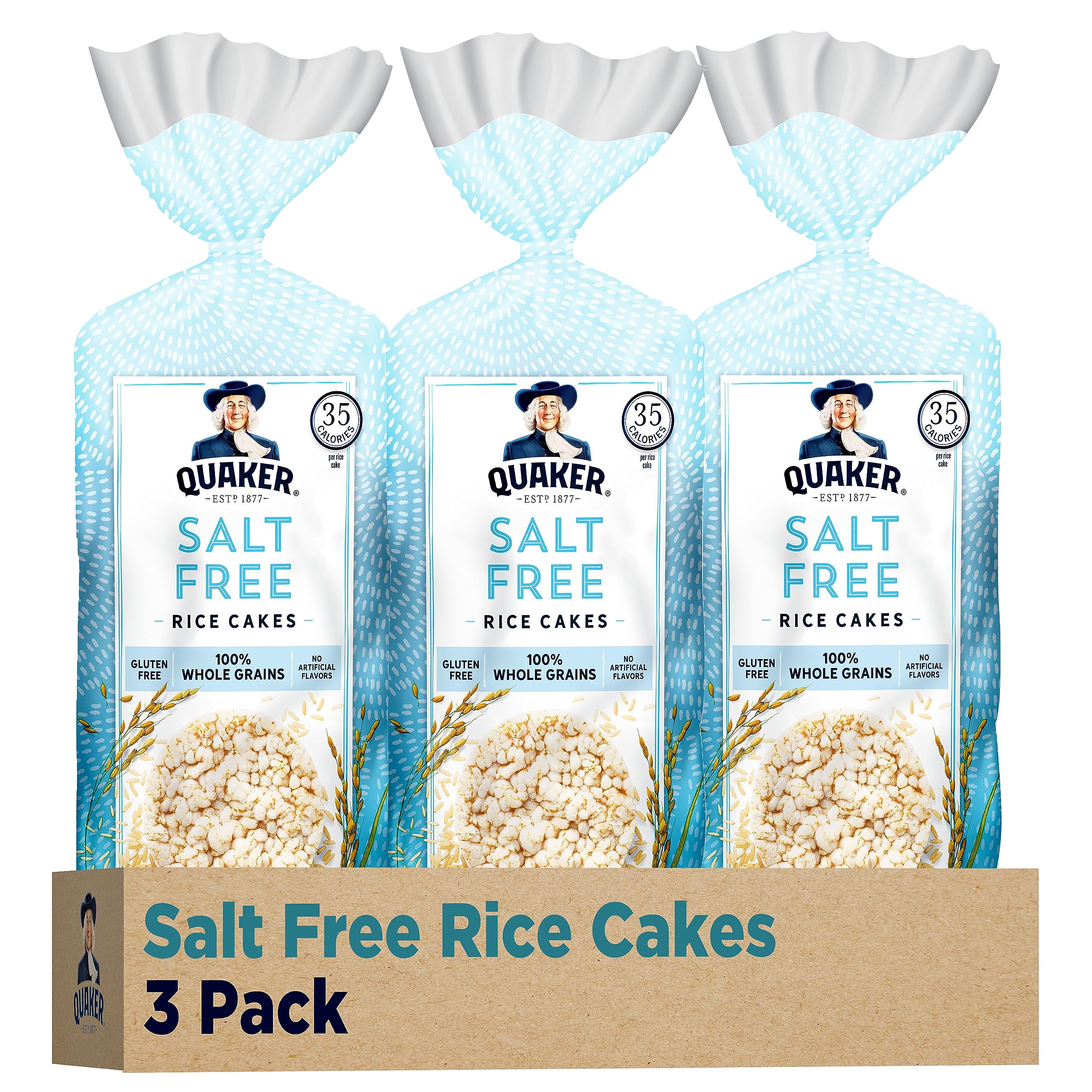 Quaker front packaging showing salt free rice cakes and pantry convenience