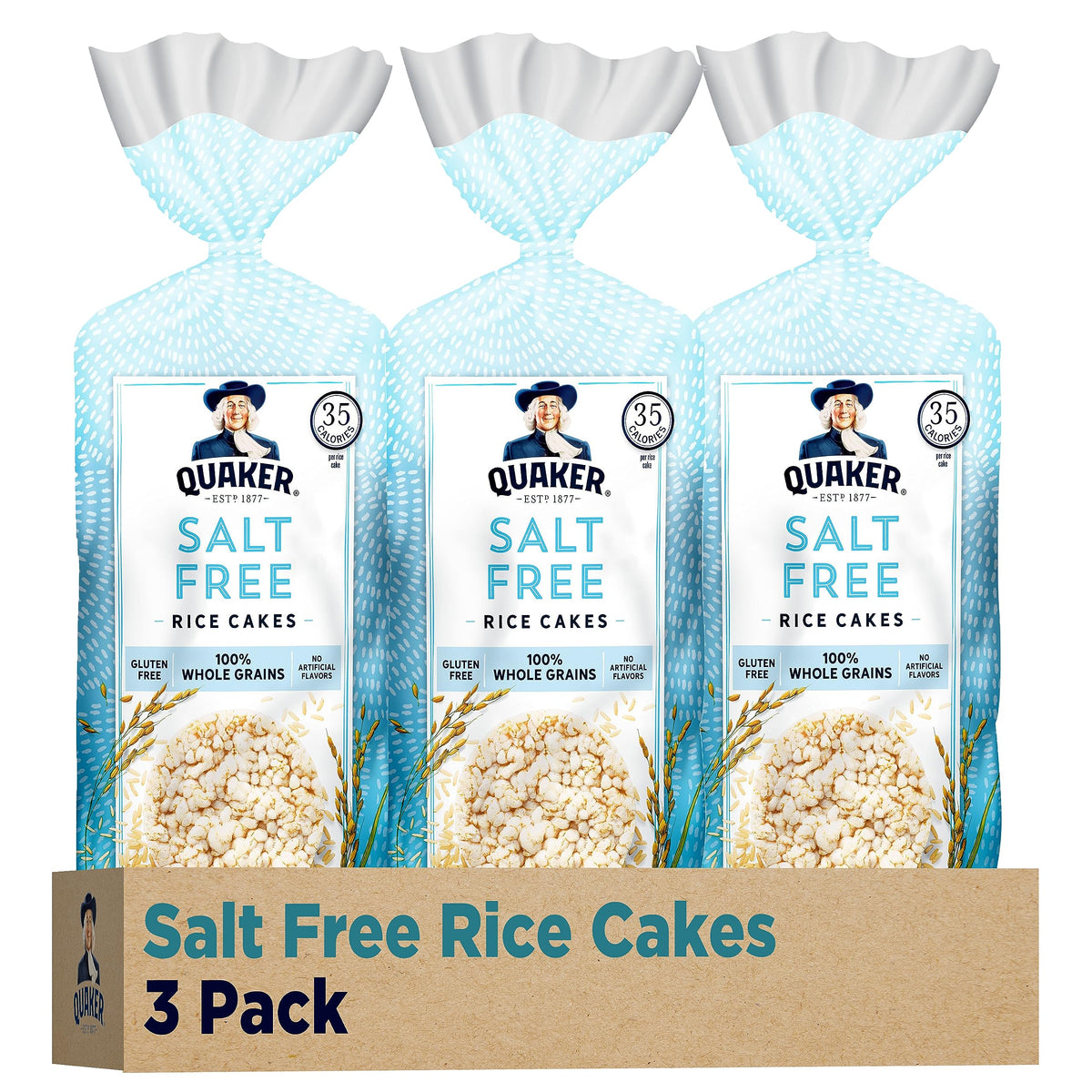 Quaker front packaging showing salt free rice cakes and pantry convenience