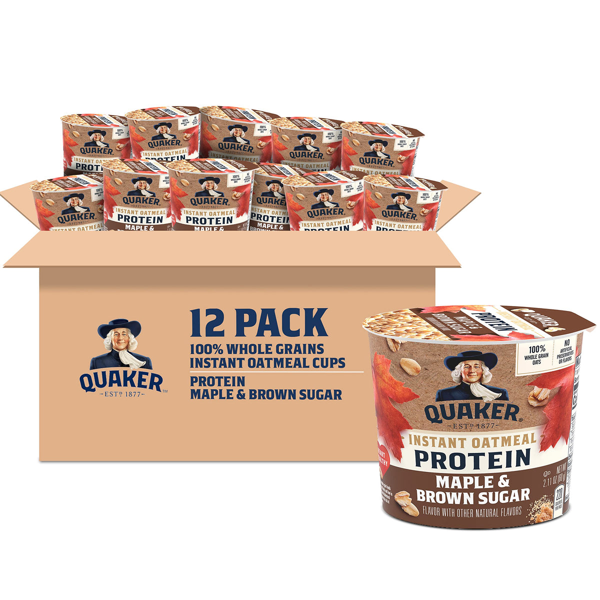 Quaker front packaging showing maple brown sugar flavor and quick protein benefit