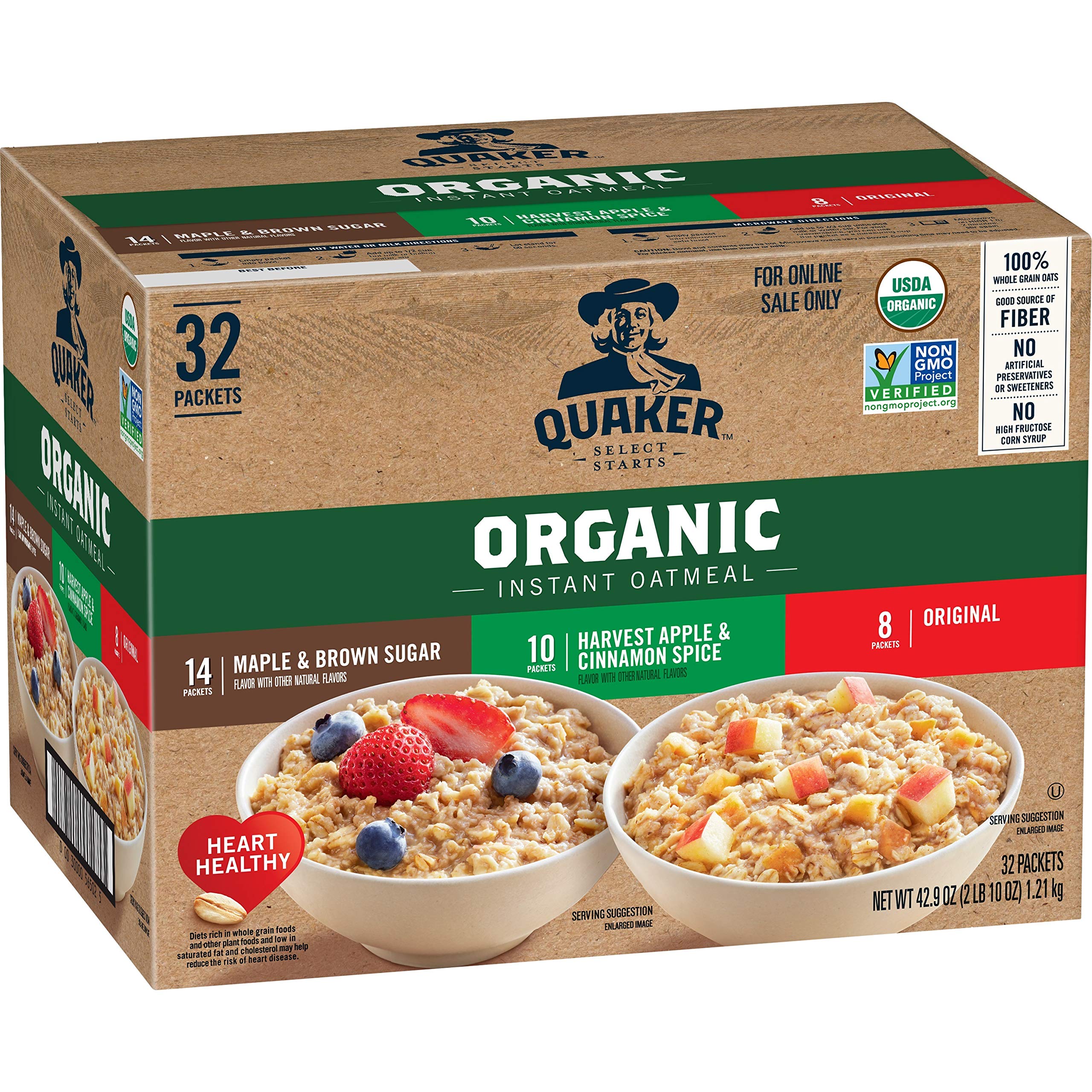 Quaker front packaging showing organic variety and convenience for quick breakfasts