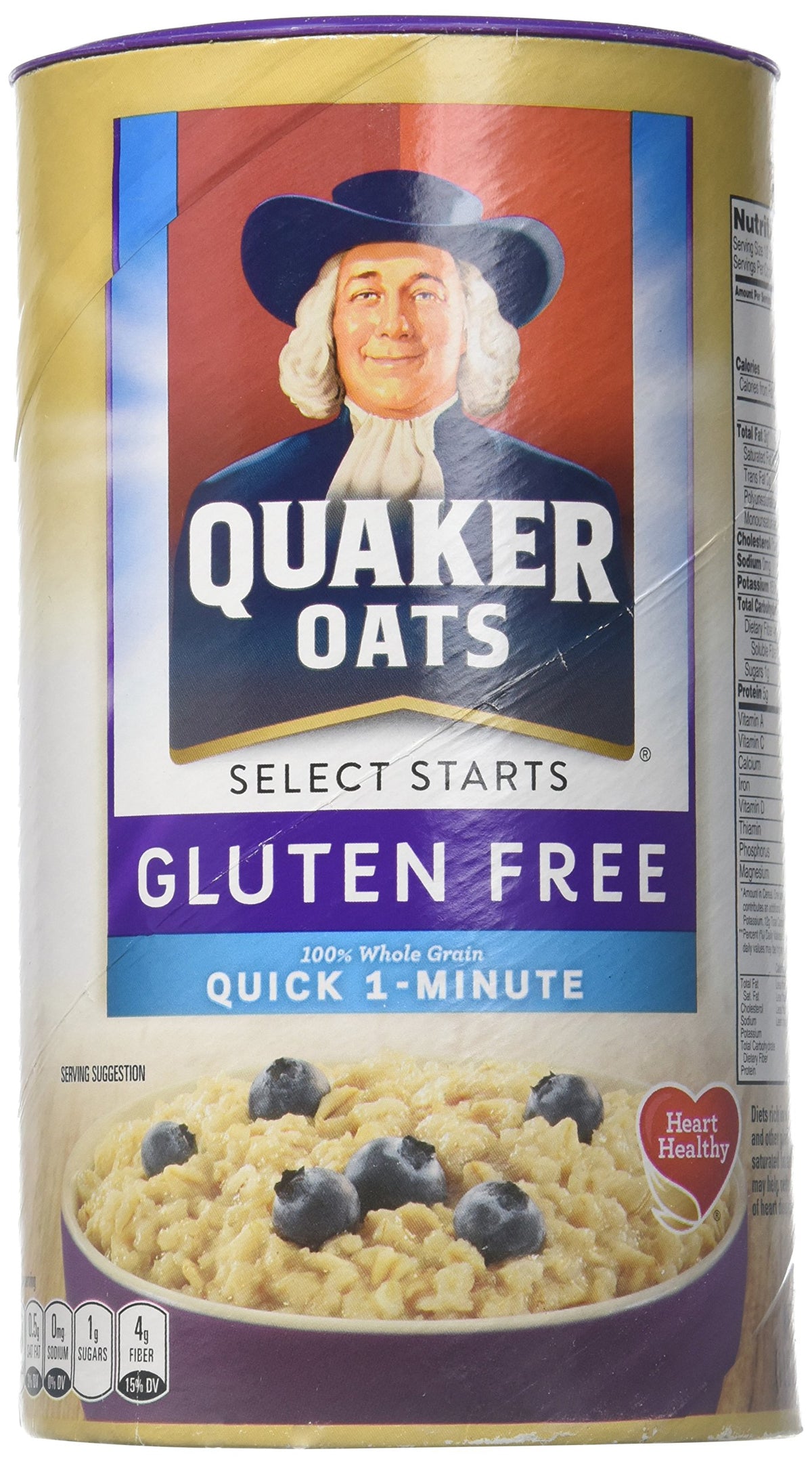 Quaker front packaging showing gluten free label and quick oats benefit
