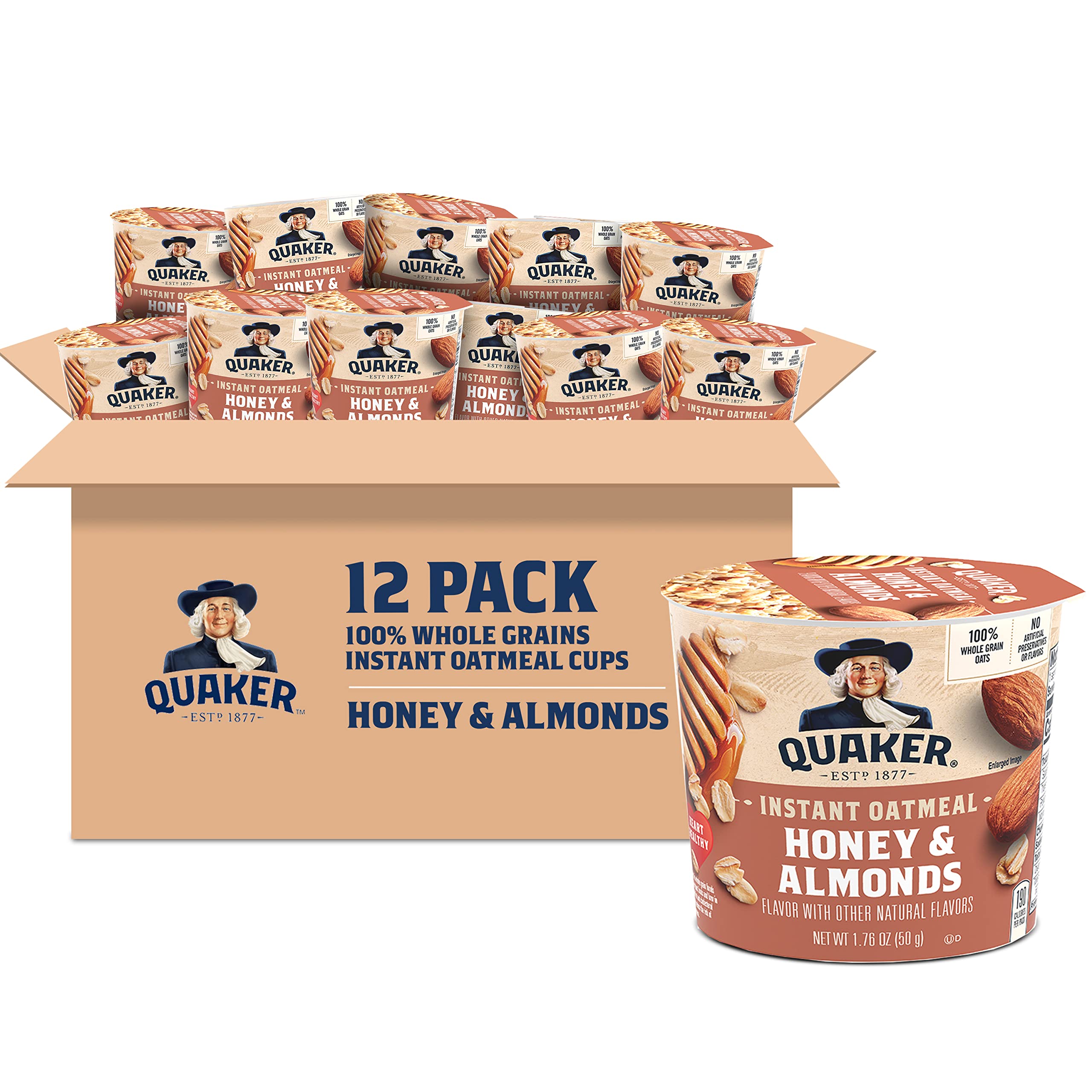 Quaker Honey & Almond front pack showing 12 single-serve cups for quick breakfasts