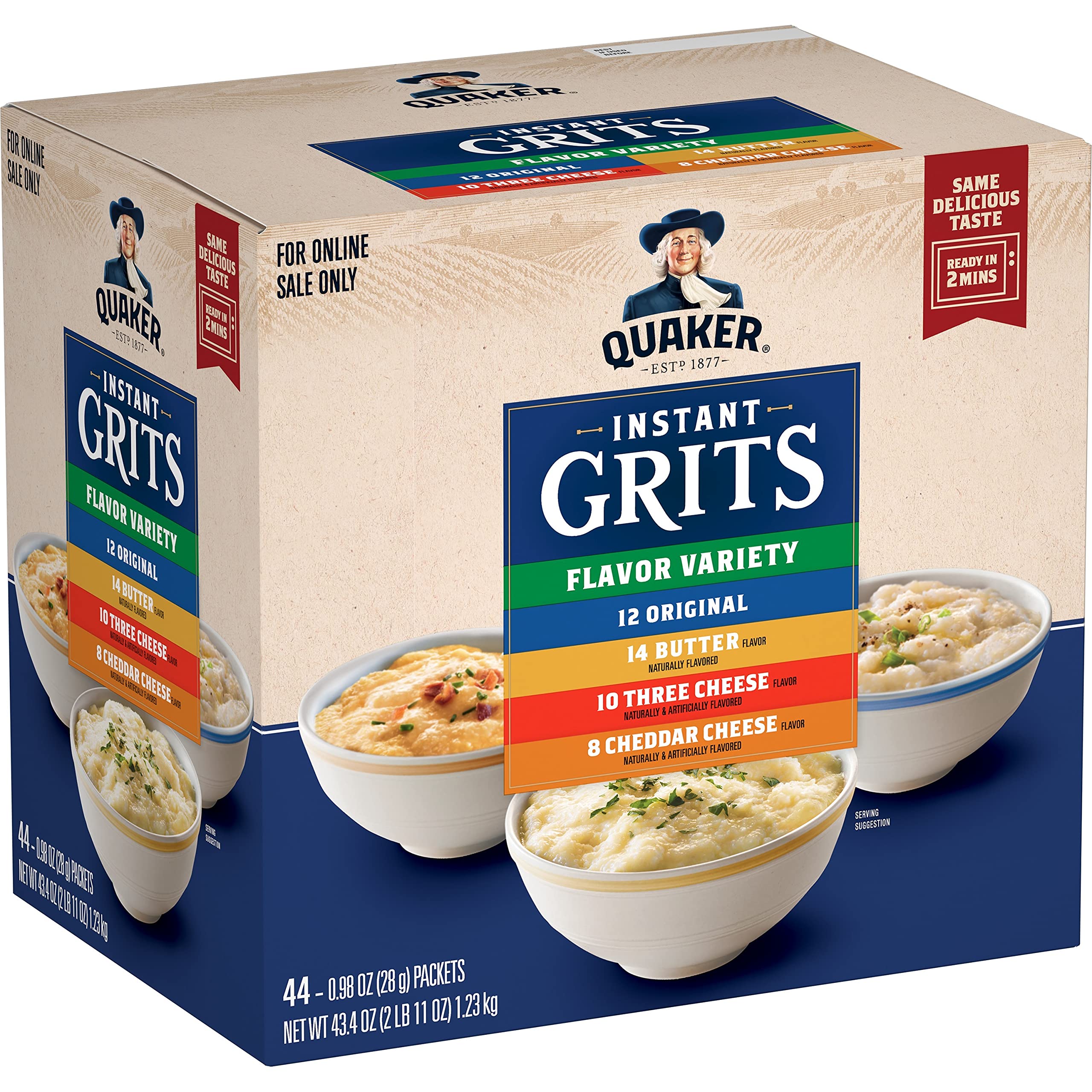 Quaker front packaging showing four-flavor variety and packet count, convenient choice