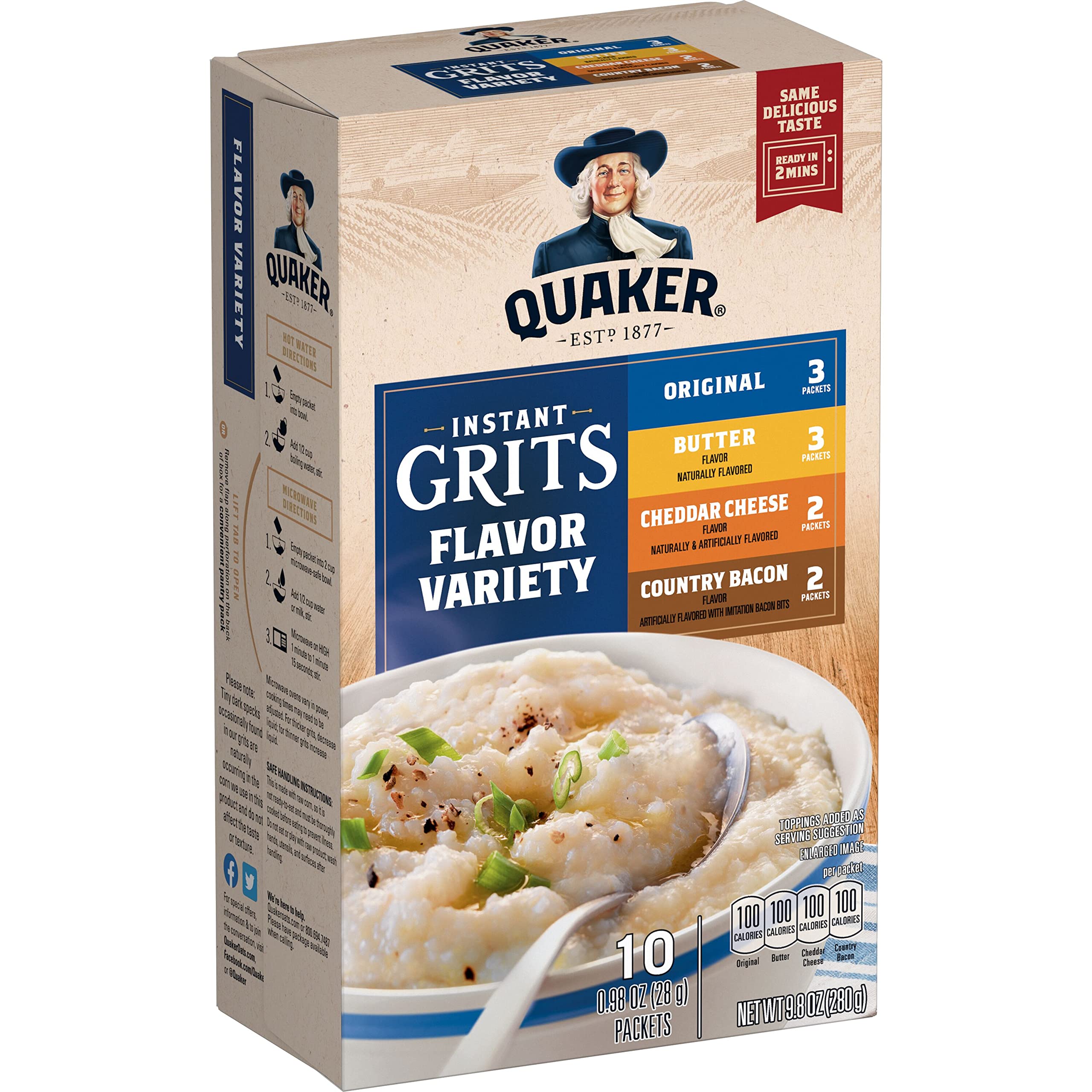 Quaker front packaging showing variety pack and quick preparation benefit