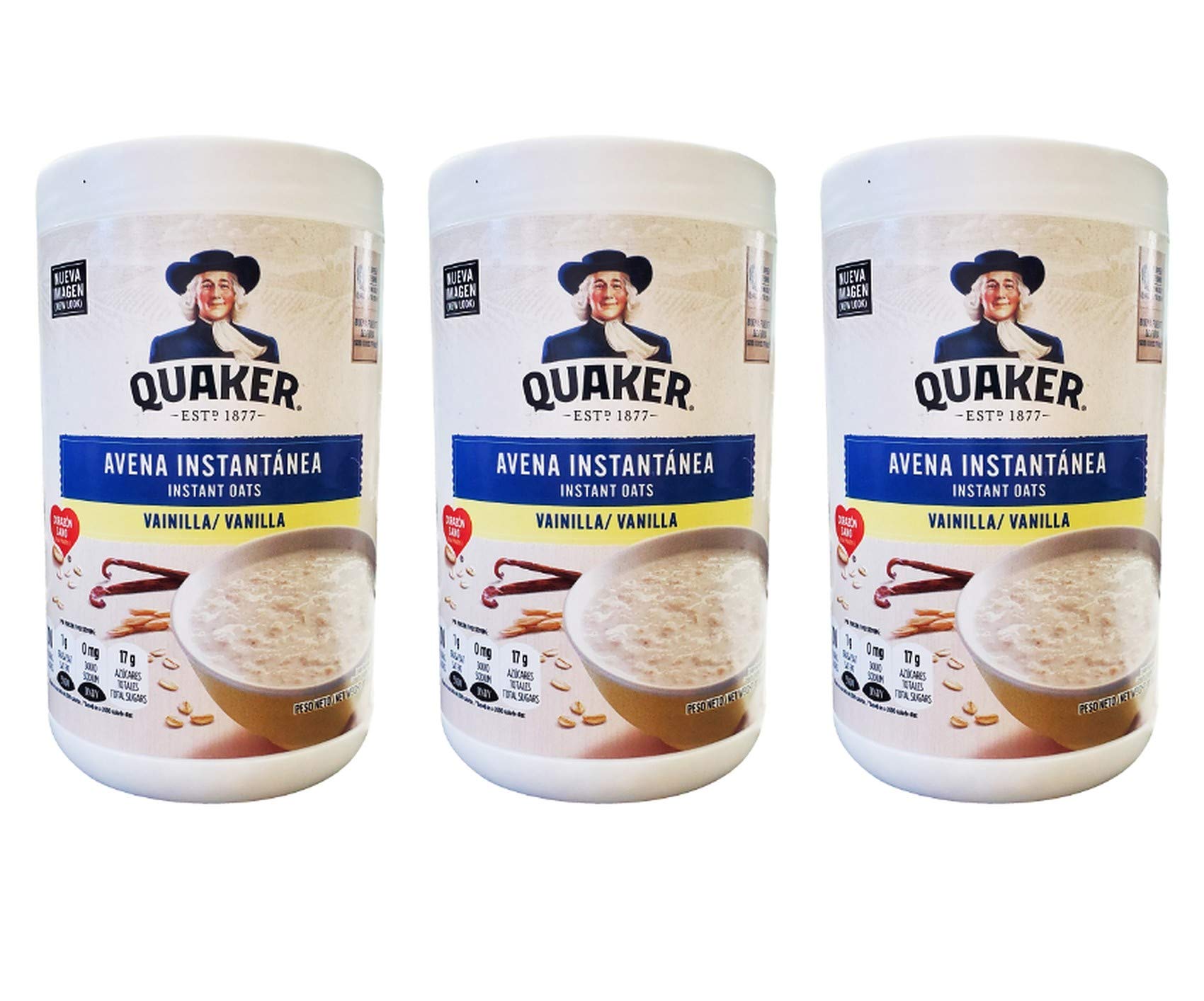 Quaker front packaging of instant oats vanilla showing product branding and benefits