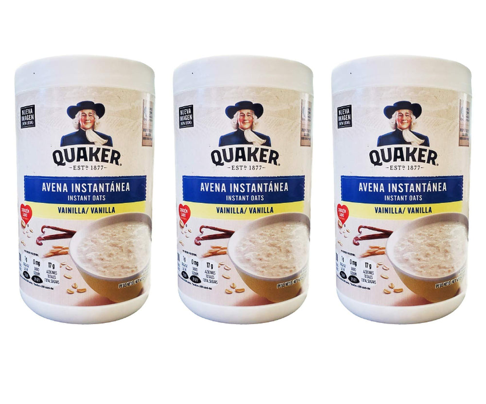 Quaker front packaging of instant oats vanilla showing product branding and benefits