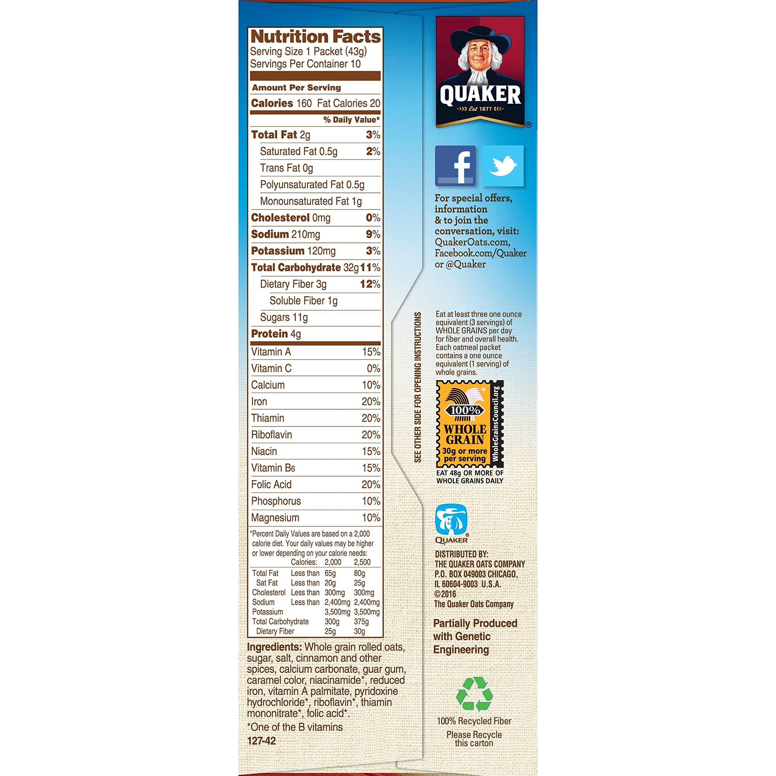 Quaker nutrition label closeup displaying vitamins and minerals