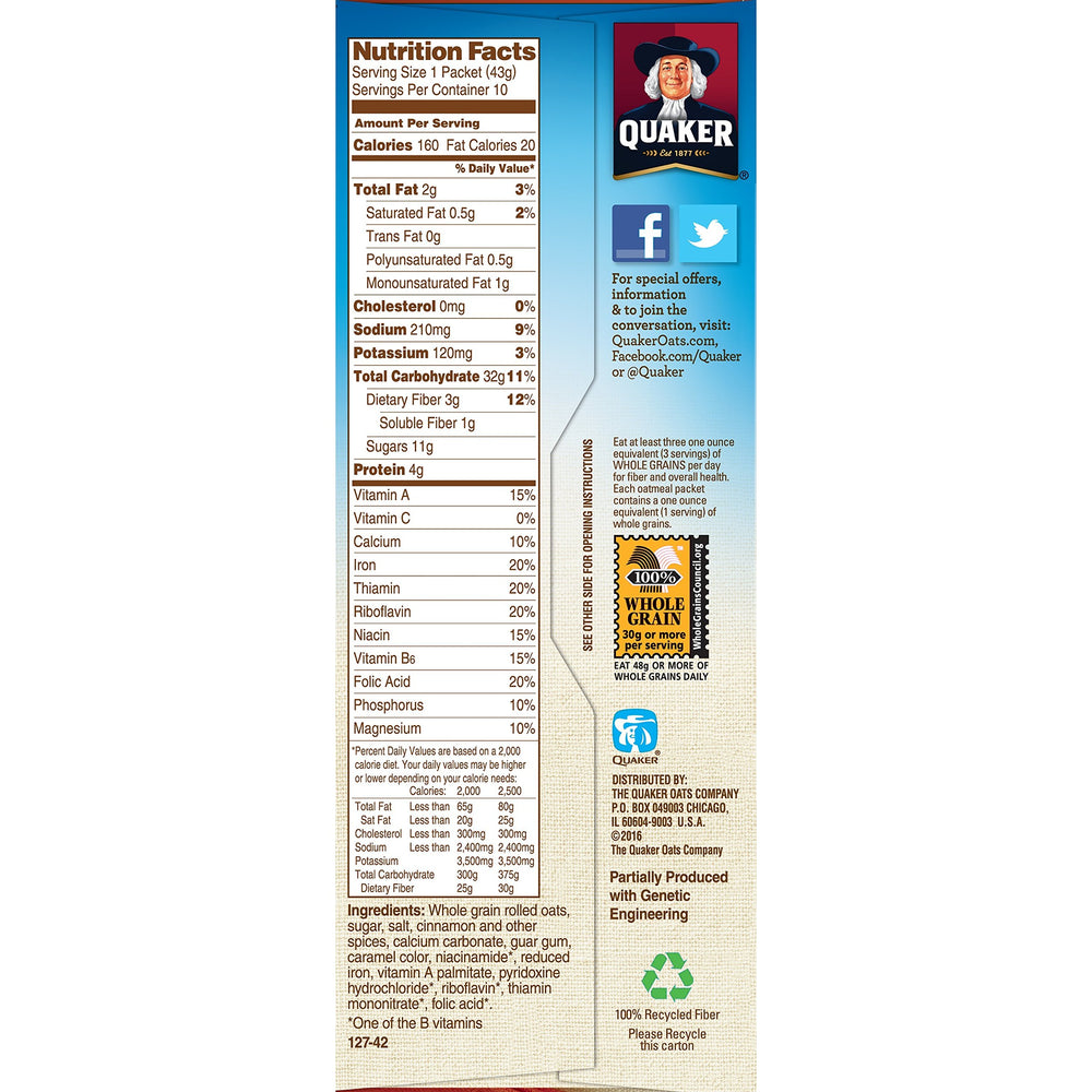 Quaker nutrition label closeup displaying vitamins and minerals
