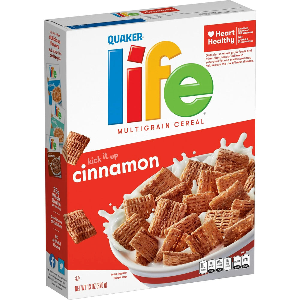 Quaker Life front pack showing cinnamon design and benefits