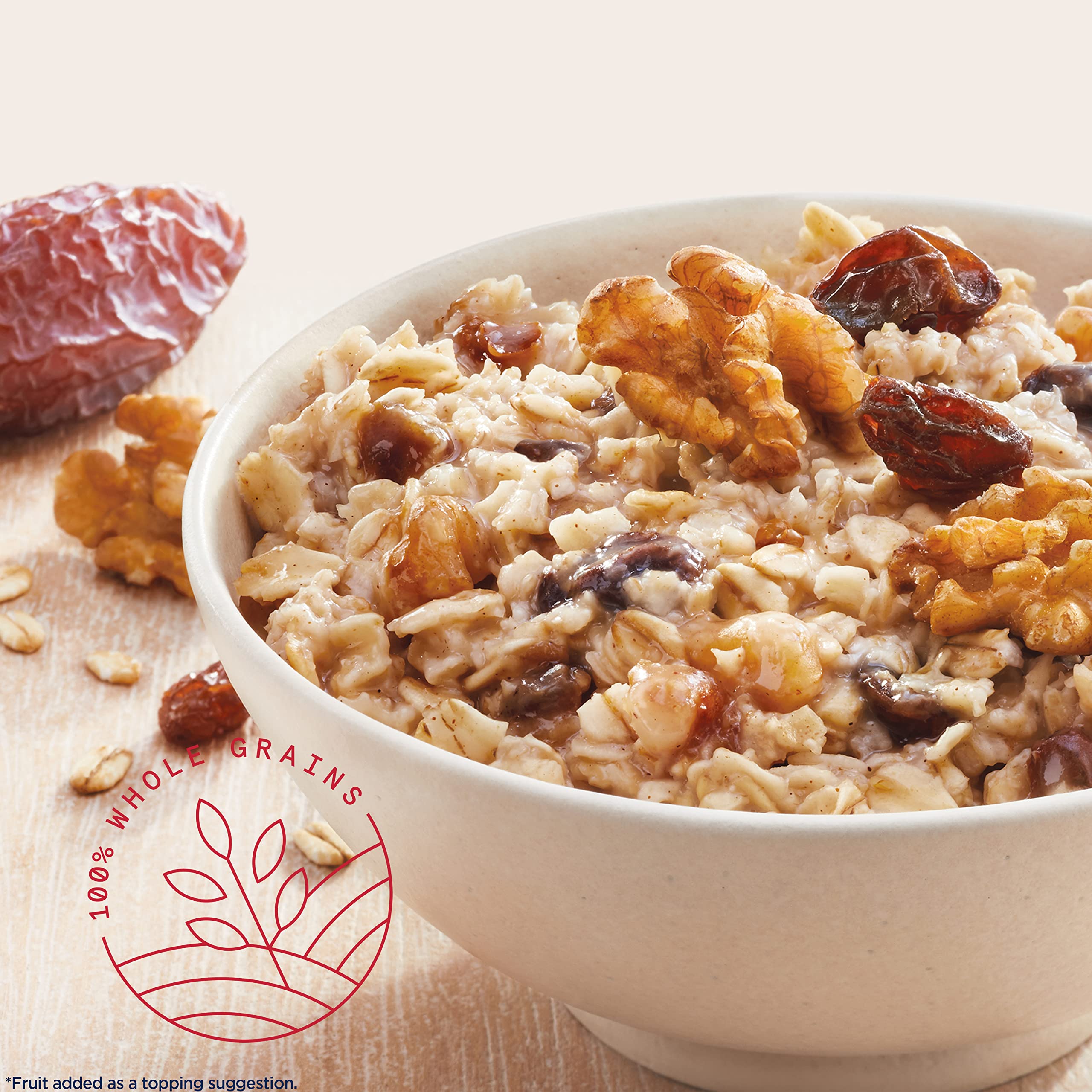 close-up of Quaker oatmeal texture with raisins dates and walnuts highlighting whole-grain appeal