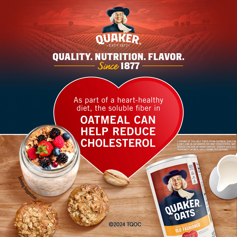 Quaker bag opened with rolled oats texture visible offering fresh whole‑grain quality