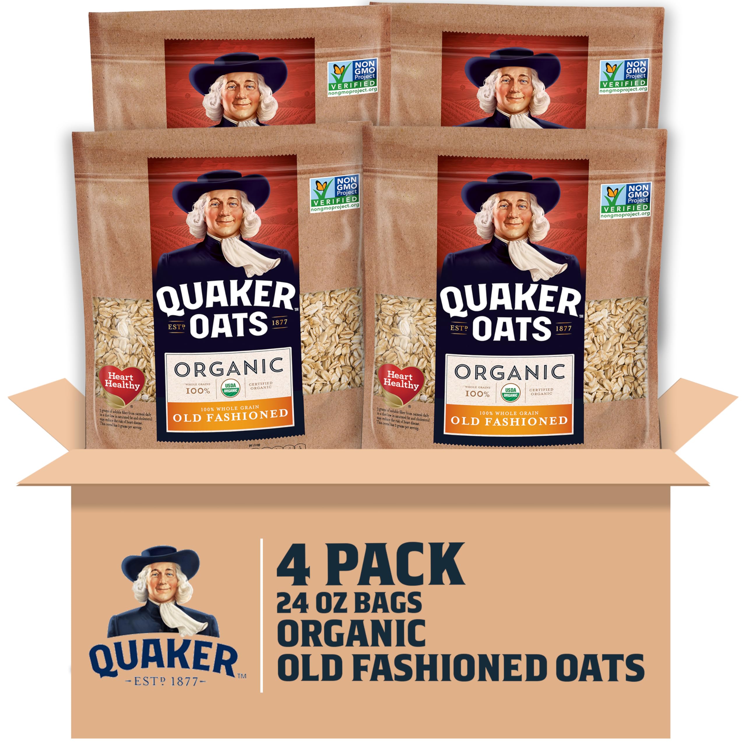 Quaker front packaging showing organic label and bag benefits