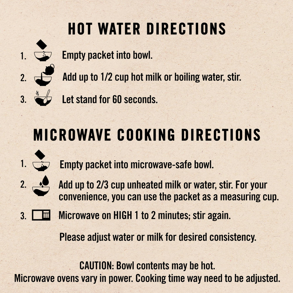 Quaker single packet opened showing dry contents for quick prep