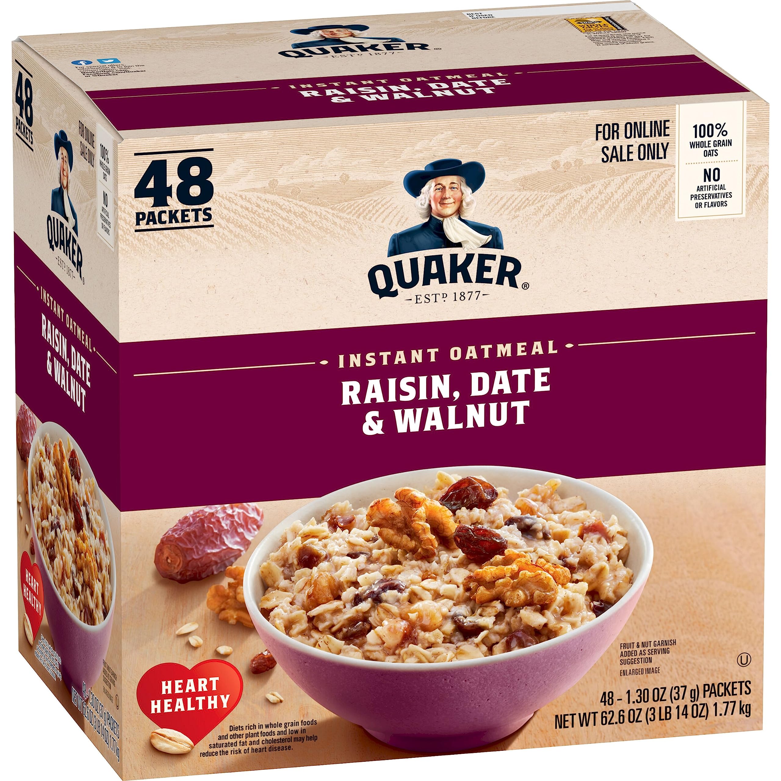 Quaker front packaging showing 48 instant oatmeal packets and flavor labeling for quick breakfasts