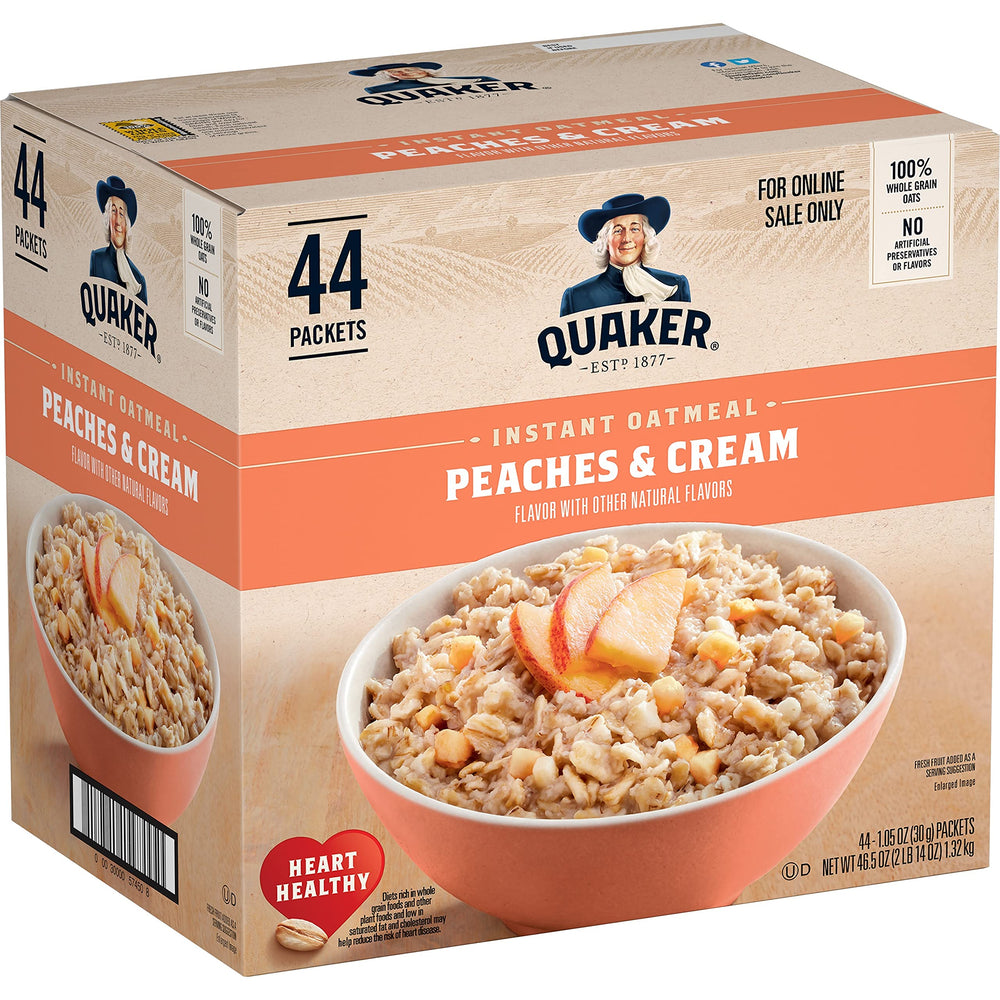 Quaker front packaging showing 44-count peach flavor and convenient servings