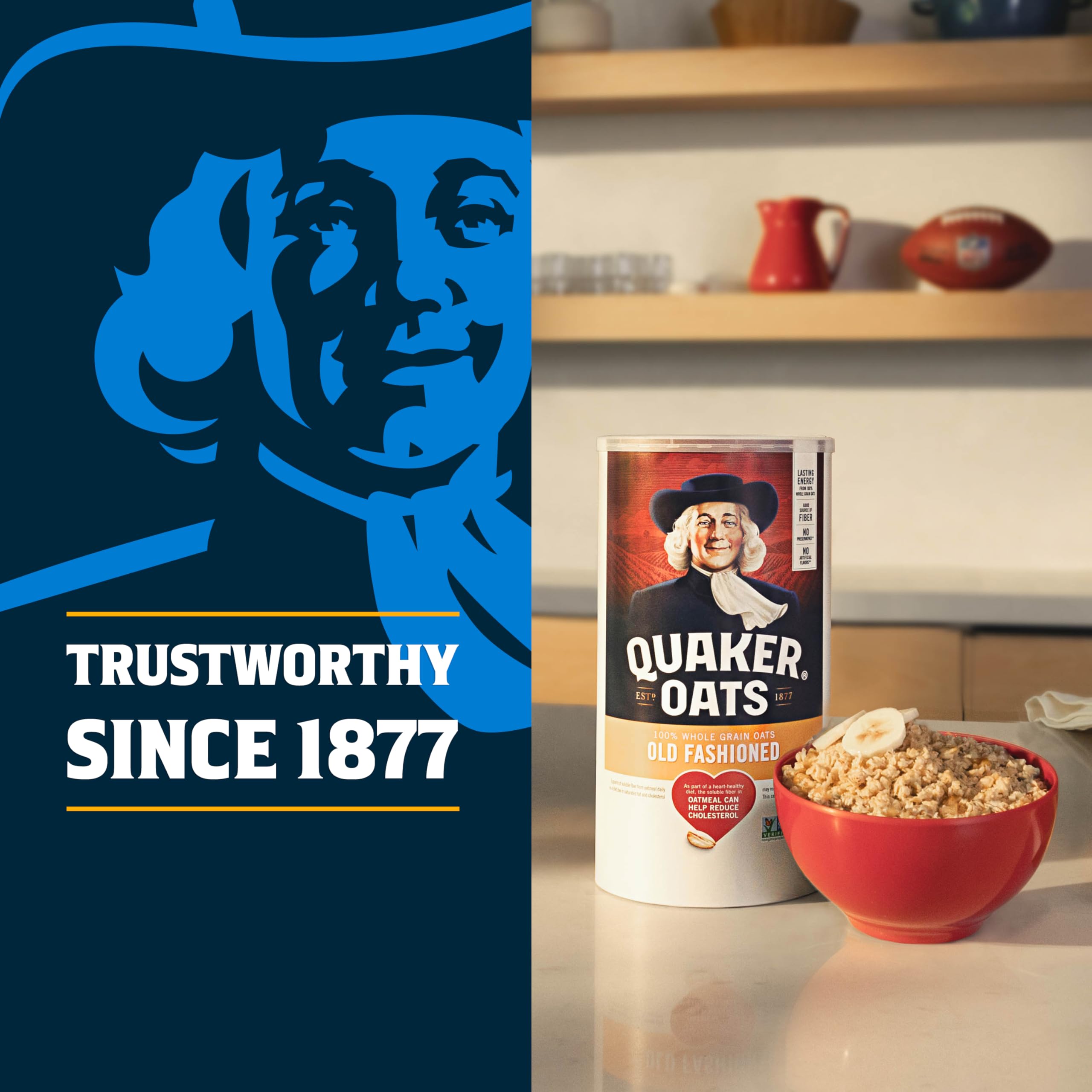 Quaker oats served in a bowl with fruit and nuts showing satisfying breakfast energy