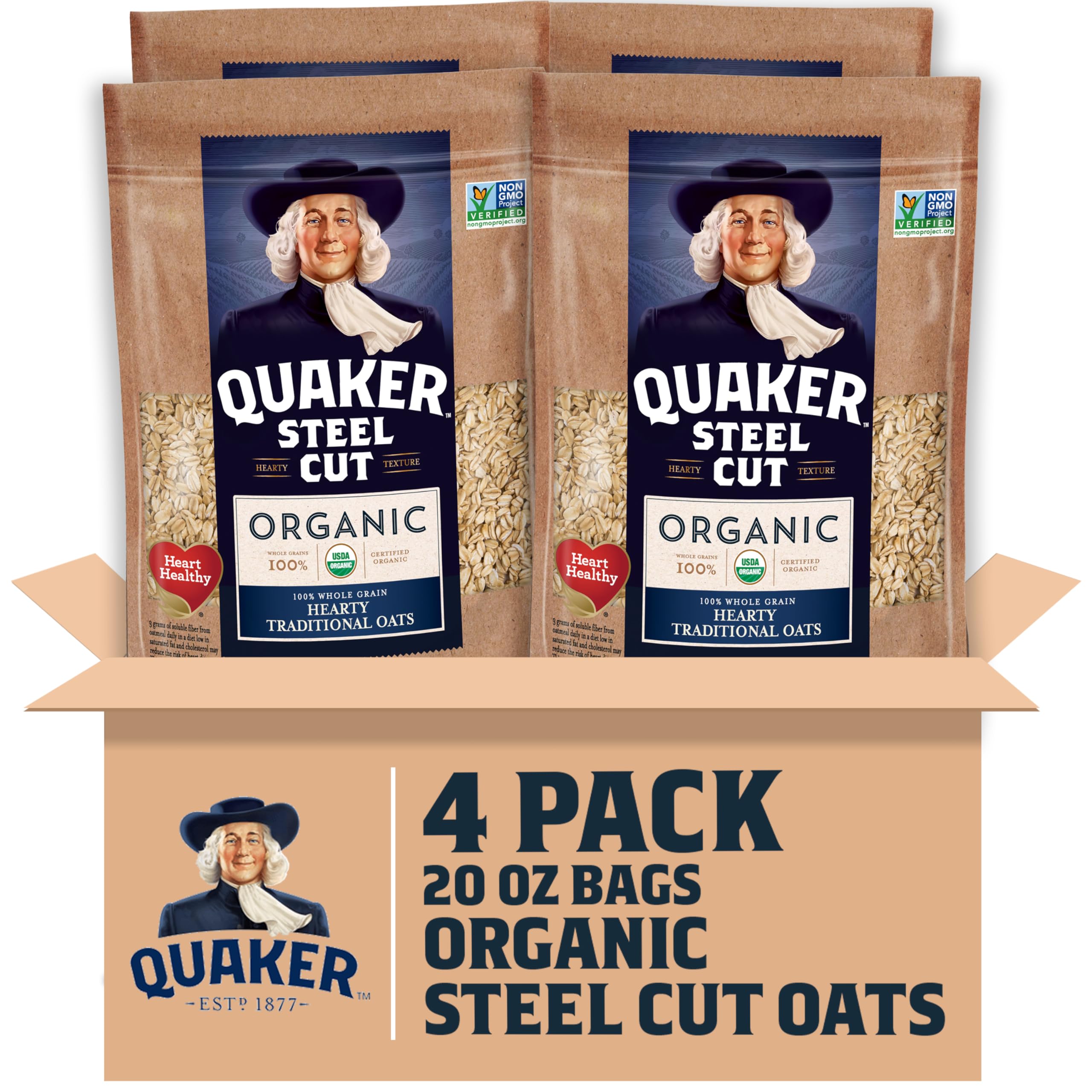 Quaker front packaging showing organic steel cut oats and pack of four for easy pantry stocking