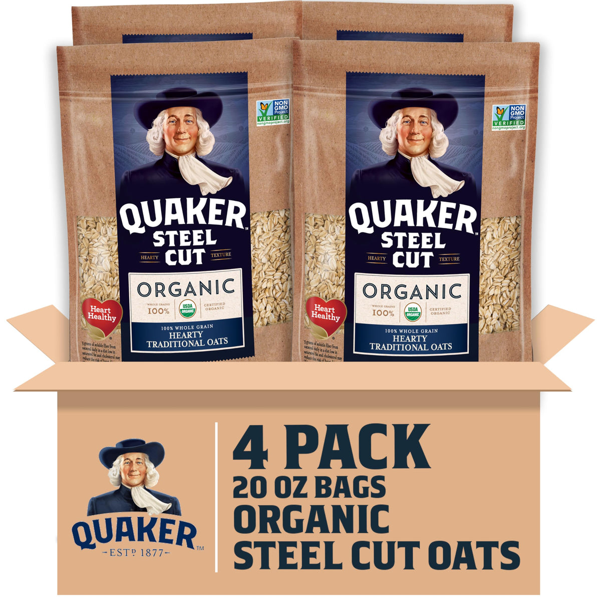 Quaker front packaging showing organic steel cut oats and pack of four for easy pantry stocking