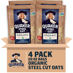 Quaker front packaging showing organic steel cut oats and pack of four for easy pantry stocking