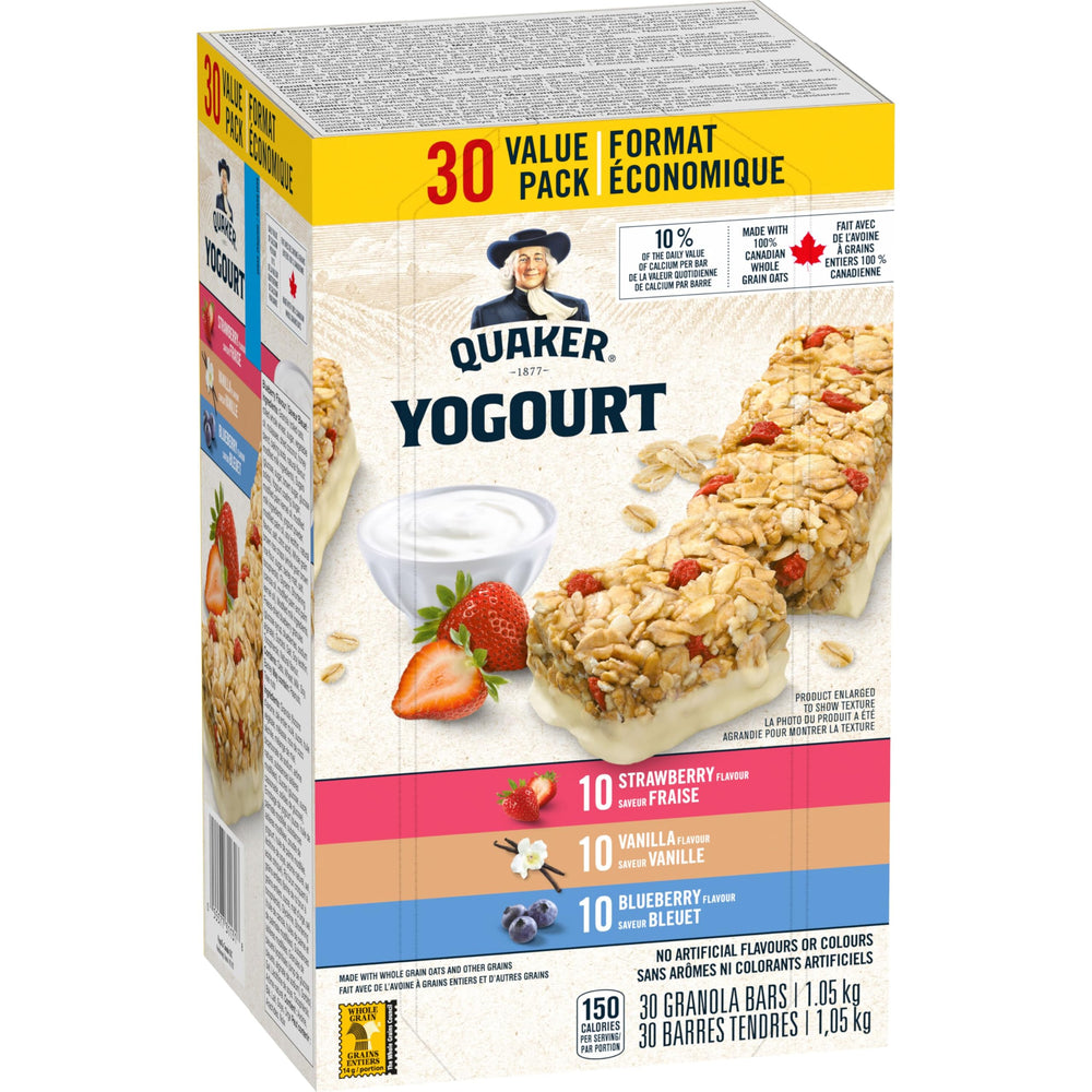 Quaker variety box front showing 30-count and flavors, brand clarity and bulk convenience