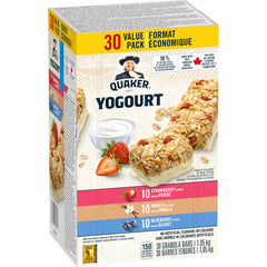 Quaker variety box front showing 30-count and flavors, brand clarity and bulk convenience